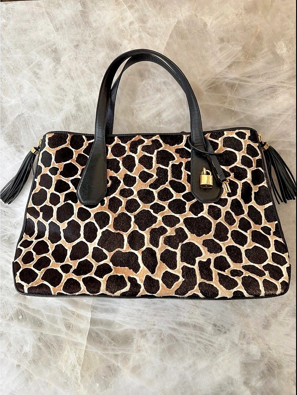 Henri Bendel Giraffe Haircalf Leather Large Expandable Tote Lock Key Tassels